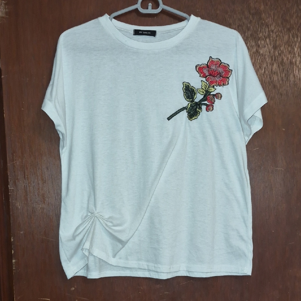 White Tee with Red Floral Embroidery